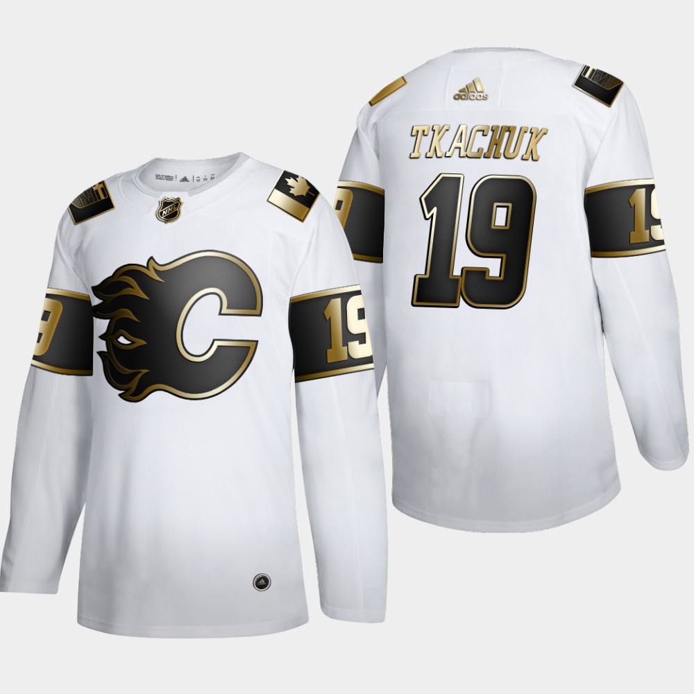 Cheap Calgary Flames 19 Matthew Tkachuk Men Adidas White Golden Edition Limited Stitched NHL Jersey